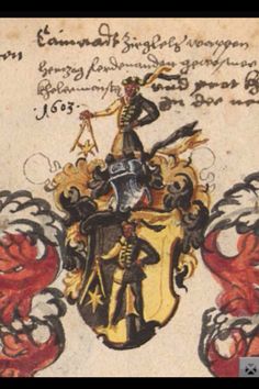 an image of a medieval coat of arms with two men riding on the back of it