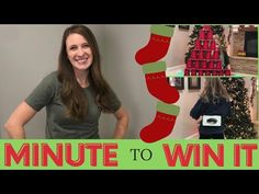 a woman standing in front of a christmas tree with stockings on it and the words minute to win it