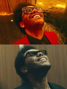 the same man is laughing and looking up at something in the sky with his eyes closed