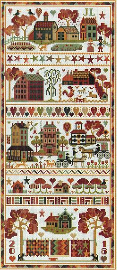 a cross stitch pattern with houses, trees and buildings in autumn colors on white background