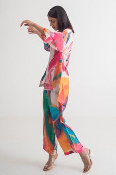 Multi-colored modal silk shirt with abstract print. Comes with pant. - Aza Fashions Color Abstract, Pant Sets, Set Women, Pant Set, Shirt And Pants, Silk Shirt, Aza Fashion, Abstract Print, Collar Shirts