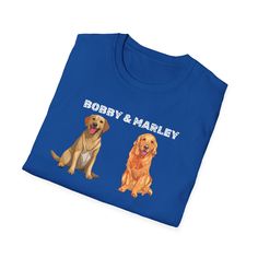 a blue t - shirt with two dogs and the words bobby & harley on it