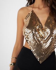 Gold shiny chainmail V-neck top Gold Crop Top For Club Party, Gold Crop Top For Evening, Gold Crop Top For Club And Party Season, Gold Crop Top For Party Season, Glamorous Gold Sequined Crop Top, Gold Sequins Evening Crop Top, Gold Sequined Evening Crop Top, Gold Sequined Crop Top For Evening, Shiny Gold Tops For Night Out