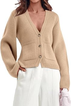 Saodimallsu Womens Deep V Neck Cardigan Sweaters Open Front Button Down Long Sleeve Cropped Knit Coats with Pockets Sweater Cardigan Outfit, Loose Pullover Sweater, Knit Sweater Coat, Cropped Knit Sweater, Trendy Sweaters, Cardigan Sweaters, Cropped Cardigan Sweater, Knitted Coat, Sweater Brands