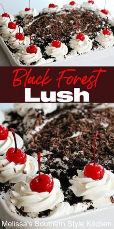 black forest lush cake with whipped cream and cherries