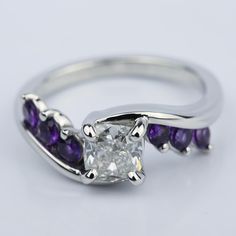 Swirl Style 1.05 Carat Cushion Diamond and Amethyst Engagement Ring Vintage Inspired Diamond Rings, Heart Diamond Engagement Ring, Heart Shaped Diamond Ring, Amethyst Engagement Ring, Popular Engagement Rings, Amethyst Ring Engagement, Engagement Rings Cushion, Cushion Cut Diamond, Buying An Engagement Ring