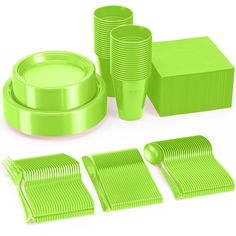 a set of neon green plastic plates, cups and utensils with matching napkins