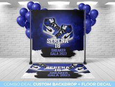 a blue and white backdrop with balloons in the background for a sneaker gala event