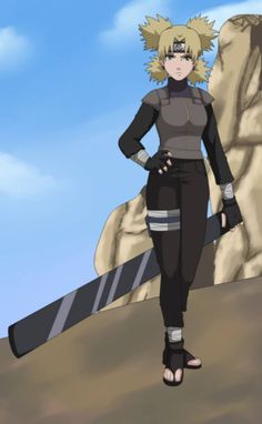 an anime character standing in front of a rock formation with her hands on her hips