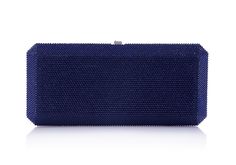 Judith Leiber Blue Slim Rectangle Clutch Modern Square Clutch For Formal Occasions, Designer Square Evening Clutch, Designer Square Clutch For Evening, Modern Blue Clutch For Formal Occasions, Designer Rectangular Clutch For Formal Events, Luxury Rectangular Clutch For Cocktail, Classic Blue Clutch For Formal Events, Judith Leiber Couture, Silver Clutch