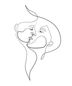 a line drawing of two people facing each other with their faces close to one another