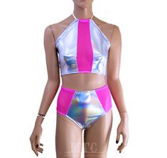 Neon Pink Opal Holographic Flash Bulb Holo UV Reactive Corset lacing adjustable size boho Rave Festival Halter Top - MTCoffinz This halter top is made with soft and stretchy checkerboard lycra and neon pink see through power mesh The top laces in the back with hand set industrial grommets. The whole thing is stretchy so you can move freely and comfortably. Safe for the washing machine and dryer. The standard size fits A-D sizing and the Full size will fit D-F. If you require a fuller bust or mos Corset Etsy, Rave Shorts, Corset Lacing, Dancers Outfit, Womens Halter Tops, Retro Pin Up, Black Bathing Suits, Uv Reactive, Corset Lace