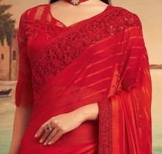 Rust Red Designer Embroidered Silk Party Wear Saree-Saira's Boutique Resham Embroidery, Party Wear Saree, Wear Saree, Party Wear Sarees, Tassel Fringe, Red Fabric, Embroidered Silk, Silk Blouse, Engagement Party