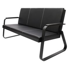 a black leather and metal bench with armrests