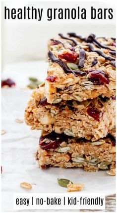 three granola bars stacked on top of each other with the words easy no bake kid