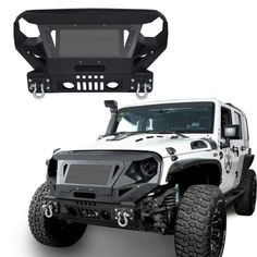 the front and rear view of a white jeep with black bumper guards on it's sides