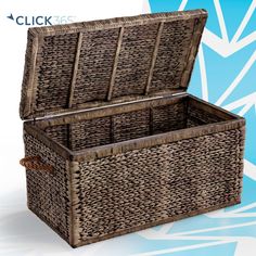 an empty wicker box with lid open on a blue and white geometric background that says click