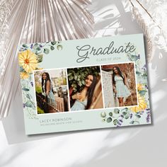 a graduation card with three photos and flowers on the front, in pastel colors