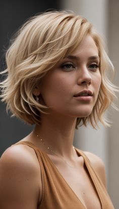 very short shaggy bob hairstyle in Apricot Blonde Short Shaggy Bob Hairstyles, Textured Bob Hairstyles, Short Shaggy Bob, Chin Length Haircuts, Shaggy Short Hair, Shaggy Bob