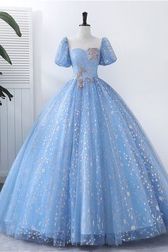 Blue Lace Gorgeous Short Sleeves Long Prom Dresses, Blue Lace Formal Evening Dresses, Blue Ball Gown WT1201 Dressy Gowns, Formal Dress Blue, Blue Sweet 16, Quinceañera Dresses, Blue Ball Gown, Blue Ball Gowns, Pretty Quinceanera Dresses, Long Formal Gowns, Marine Uniform