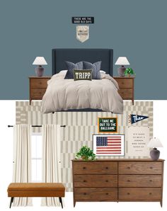 a bed room with a neatly made bed and dresser