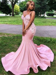 Trumpet/Mermaid Silk like Satin Applique V-neck Sleeveless Sweep/Brush Train Dresses Pink Prom Dresses Mermaid, Lace Prom Dresses, Mermaid Prom Dresses Lace, Prom Girl Dresses, Pink Mermaid, Prom Dresses Modest, Pink Prom, Lace Mermaid, Prom Girl