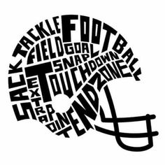 a black and white football helmet with words written in the shape of it's head