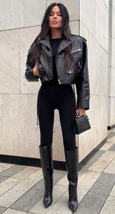 Winter Outfits Walking, Leather Dress Fall, Cute Fall Night Outfits, Leather Peacoat Outfit, Winter Outfit Black, Boston Night Out Outfit Winter, Stilleto Boot Outfit, Fall Fashion Night Out, Leggings And Knee High Boots Outfit