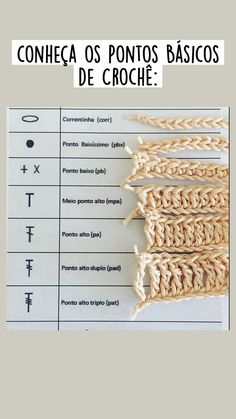 three crochet stitches are laid out on top of a sheet of paper with numbers