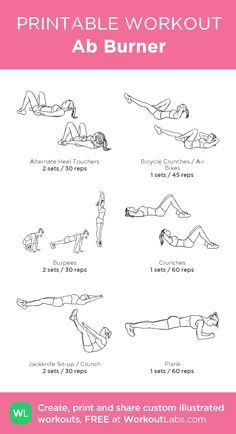 the printable workout poster shows how to do an ab burner with different exercises