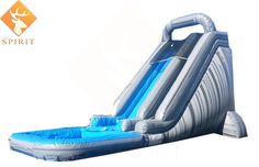 an inflatable water slide is shown with the words spirit above it and below it