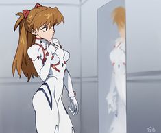 an anime character is standing in front of a mirror with her hand on her hip