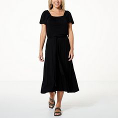 Colleen Lopez Flutter-Sleeve Midi Dress with Pockets   Flattering, fashionable and functional, this flutter-sleeve dress checks all the boxes with style and comfort for women of all sizes and heights. Casual Flutter Sleeve Midi Dress For Work, Casual Midi Dress With Flutter Sleeves For Work, Black Dress With Flowy Skirt And Short Sleeves, Elegant Black Dress With Short Sleeves And Flowy Skirt, Casual Midi Dress With Butterfly Sleeves, Midi Dress With Pockets, Tropical Maxi Dress, Women Of All Sizes, Floral Ruffle Dress