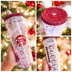 the starbucks tumbler has been decorated with red and white sprinkles on it