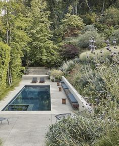 an outdoor swimming pool surrounded by greenery and benches in the foreground, with seating on either side