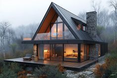 a house with a pitched roof in the woods