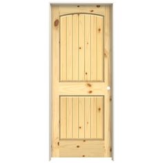 a wooden door with two panels on the bottom and one panel at the top, against a white background