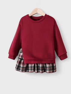 Dress your little one in adorable style with our Toddler Girl 2-in-1 Sweatshirt with Plaid Skirt Dress. This cute outfit combines a cozy sweatshirt top with an attached plaid skirt, perfect for casual outings or everyday wear. Your toddler girl will look charming and feel comfortable all day long. Plaid Tops For School In Fall, Casual Winter School Dress, Casual Fall School Dresses, Casual Winter Dresses For School, Girls Sweatshirt Dress, Onesie Costumes, Adorable Style, Bodysuit And Skirt