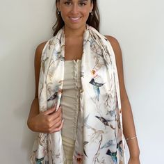 This beautiful delicate Artistic Nature design Scarf, has a luxury Satin feel to the fabric, shiny one side, other side is non shine, so it could be used reversed. Features Birds Floral design Cream / Green / Beige / Peach / Brown Multi colours   Wear it wrapped, or! Fashionably Long for a different look DIMENSIONS > Length 65"/165cms > Width 28"/71cms MATERIAL > 100% Satin Silk  Lovely soft feel to the skin. CARE INSTRUCTIONS > Gentle HandWash - Short Spin - Do Not Tumbledry GIFT "SPECIAL REQUE Design Scarf, Plain Outfits, Scarf Material, White Feather, White Feathers, Green Beige, Satin Silk, Nature Design, Silk Scarves