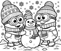 two cartoon snowmen standing next to each other in the snow with hats and scarfs on