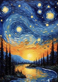 a painting of the night sky with stars and trees