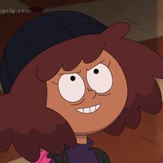 a cartoon girl with long hair and a beanie on her head is smiling at the camera