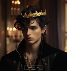 a man with a crown on his head wearing a black jacket and gold necklaces