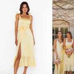 two women in yellow dresses standing next to each other and one is holding a bouquet