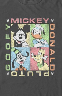 mickey mouse and pluto t - shirt with the words disney on it in different colors