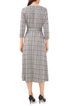 A tie cinches the waist of this office-ready jacquard midi dress designed with a flattering fit-and-flare silhouette. 48 1/2" length V-neck Three-quarter sleeves Removable tie belt 97% polyester, 3% elastane Machine wash, tumble dry Imported Designer Midi Dresses, Glen Plaid, Nordstrom Dresses, Tie Belt, Three Quarter Sleeves, Three Quarter, Fit And Flare, Designer Dresses, Dresses For Work