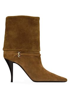 Saint Laurent - Vicky Booties in Suede  $1,590.00 Shoe Branding, Short Booties, Fame Dr, Bisque Doll, Fabulous Shoes, Autumn Outfit, Designer Boots, Fall Wardrobe, Shoe Brands