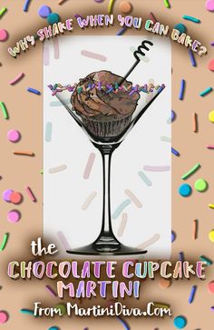 a chocolate cupcake in a martini glass surrounded by sprinkles