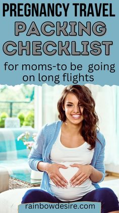 pregnant woman sitting on the couch with text overlay that reads, pregnant travel packing checklist for moms to be going on long flights