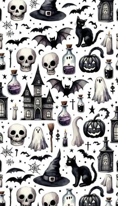 an image of halloween themed wallpaper with skulls, bats and pumpkins on it